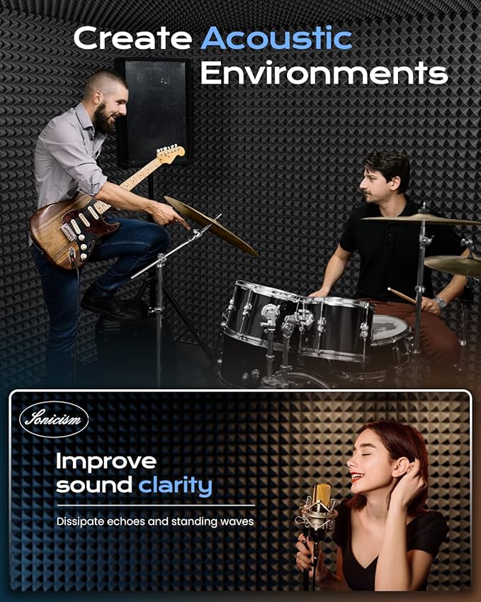 Sonicism Sound Proof Foam Panels for Walls Self-Adhesive 64 Pack Pyramid 2"X 12"X 12" Acoustic Panels 35kg/m³High Density,Soundproof Wall Panels Fast Expand,Sound Absorption and Decoration,Black
