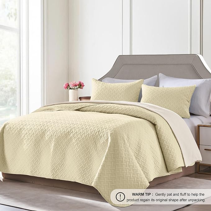 FLYMME Twin Quilt Set, Lightweight Butter Yellow Bedspreads, Basket Weave - Image 2