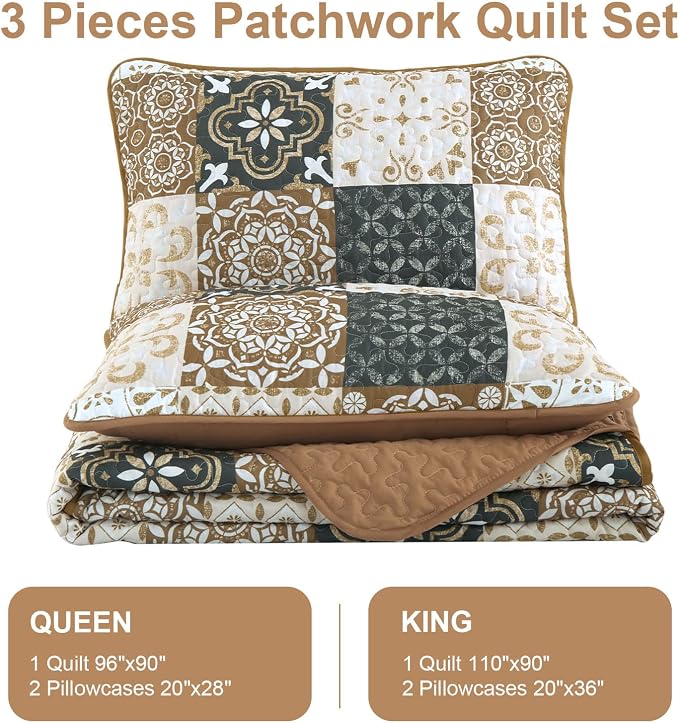 Dobuyly Patchwork Quilt Set Queen Size, Boho Farmhouse Bedspread Brown | - Image 7