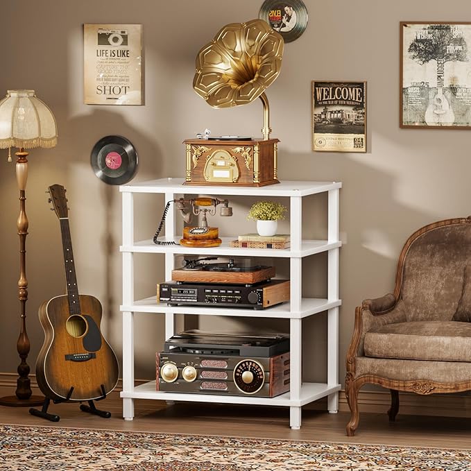 LELELINKY 4-Tier AV Media Player Stand, Stereo Stand, Modern Audio Shelf,Wooden TV Stand,Multifunctional Media Console Shelf, Suitable for Home, Conference Room, White