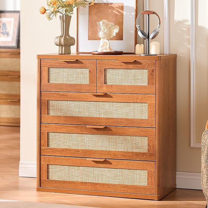 LEYAOYAO Rattan Dresser for Bedroom, 33.5" Small Chest of Drawers | Gold Metal - Image 8