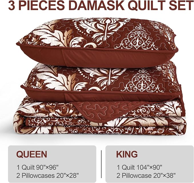DJY Damask Queen Quilt Set, Boho Lightweight Bedding Set 3 Pcs, Burgundy | - Image 6