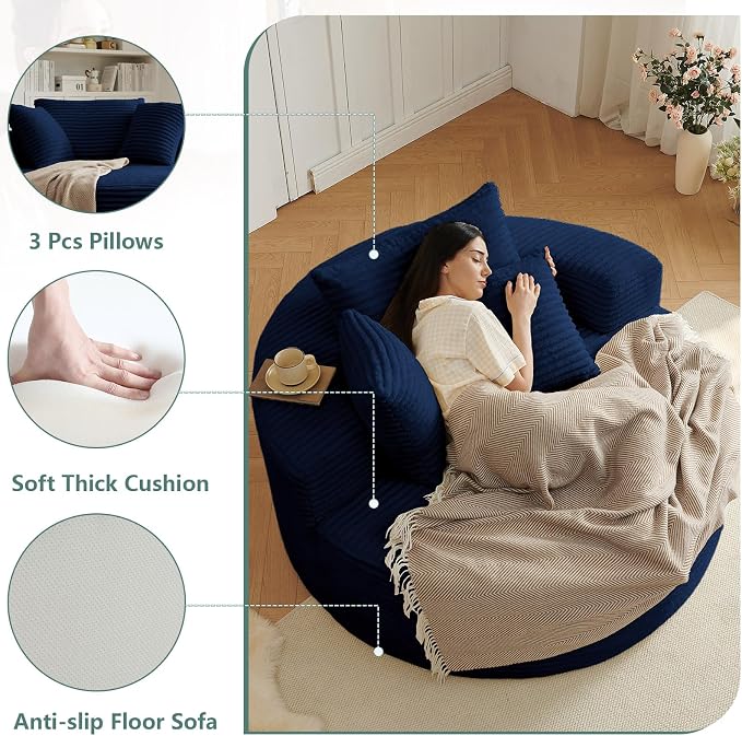 55'' Oversized Round Lounge Chaise Chair, Corduroy Upholstered Indoor Chaise - Image 6