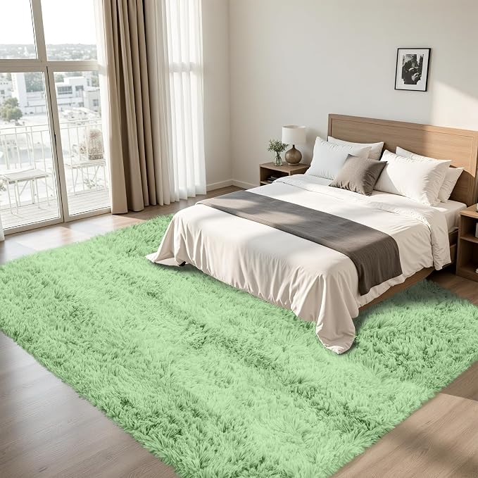 8x10 Area Rug for Living Room, Light Green Fluffy Shag Non-Slip Bedroom Rugs | - Image 3