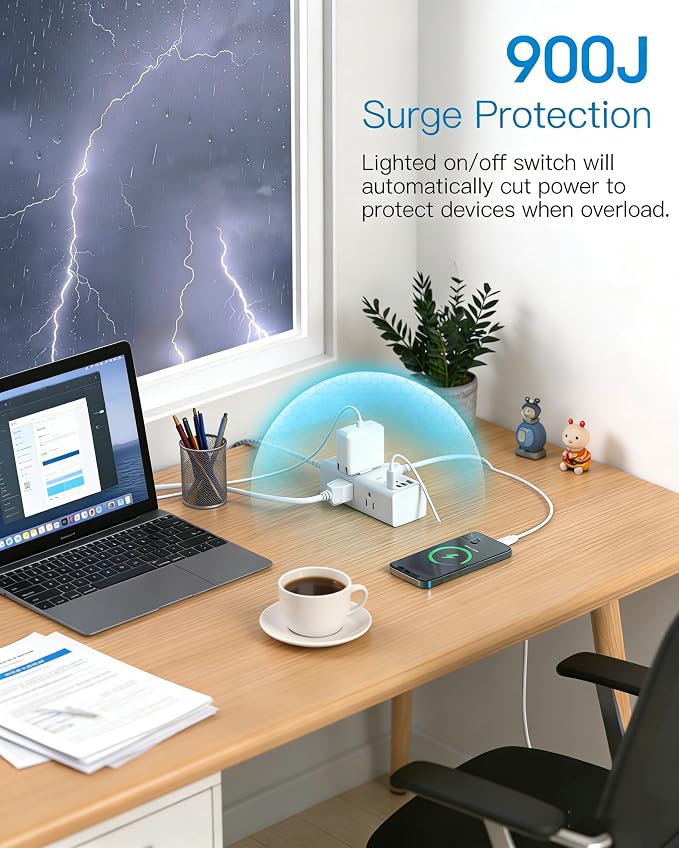 Flat Plug Extension Cord 25Ft, One Beat 900J Surge Protector Power Strip 25 Ft - Image 4