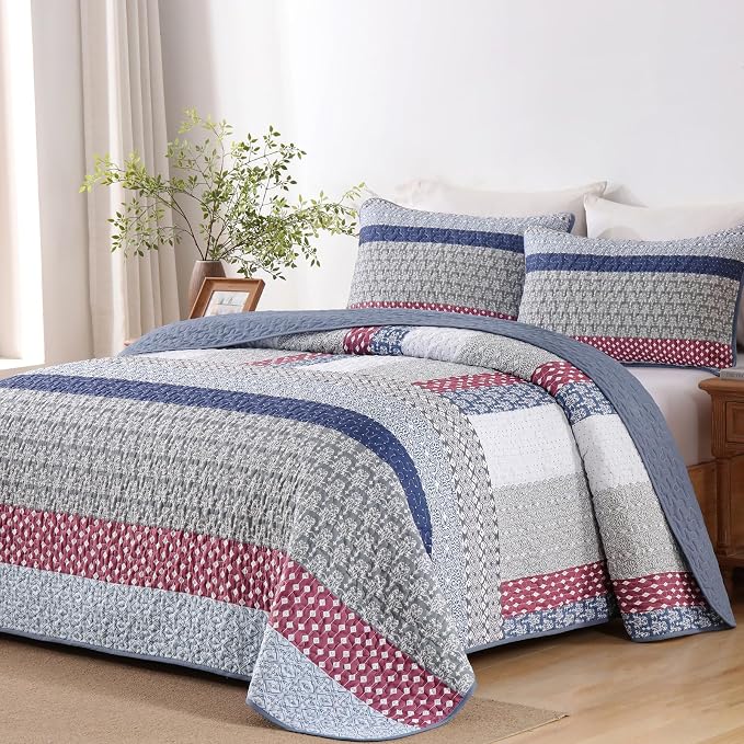 WONGS BEDDING Boho Quilt King Size, Patchwork Bedding Set, 3 Pieces Plaid by WONGSBEDDING