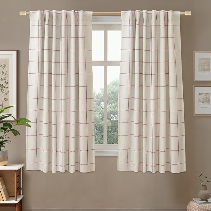 DriftAway 100% Blackout Plaid Linen Curtains 63 Inches Long 2 Panels Red | 100% by DriftAway