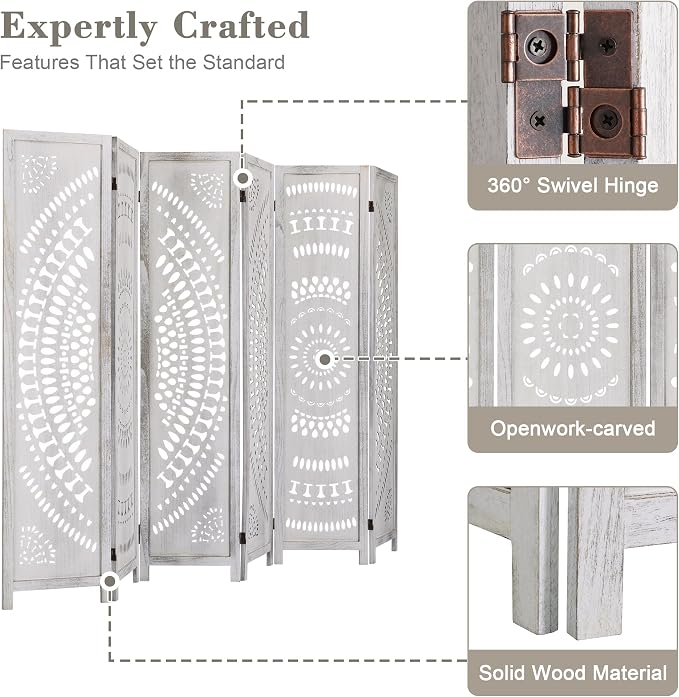 WelFurGeer Handcrafted Carved Wooden Room Divider Screen, Folding Privacy Screen - Image 4