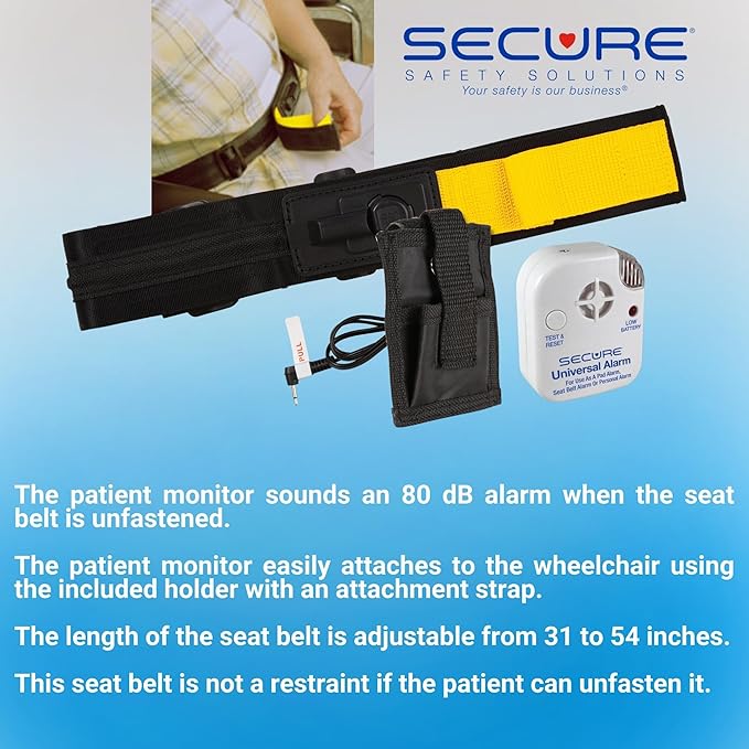 Secure Safety Solutions Wheelchair Seatbelt Chair Alarm for Elderly Dementia Patients - Non Restraint Seat Belt Strap Sensor and Alarm - Fall Prevention Caregiver Alert Device for Monitoring Seniors