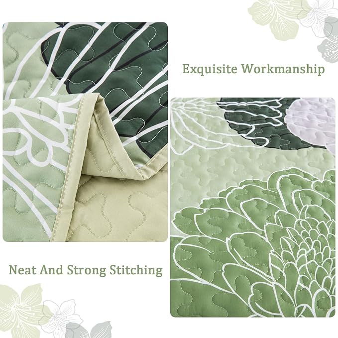 Yiran Floral Quilt Set Queen Sage Green Botanical Bedspreads Bedding Set | 3 - Image 4