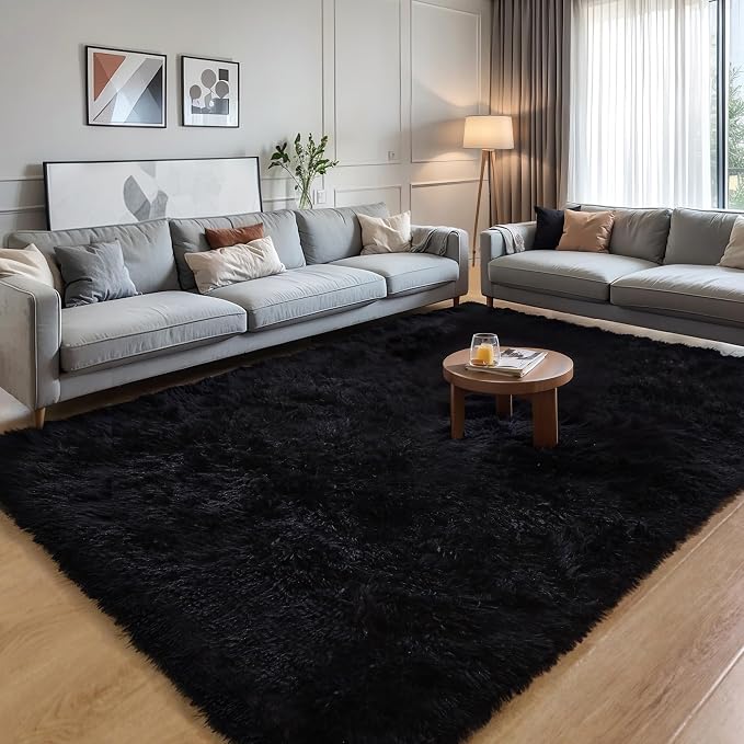 6x9 Black Shag Rug for Bedroom, Soft Plush Fluffy Washable Carpet | Black Area - Image 7