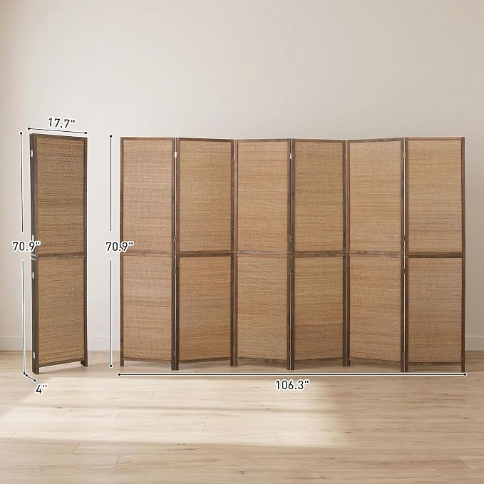 HOMCOM 6 FT Room Divider, 6 Panel Hand-Woven Bamboo Privacy Screen Brown | - Image 7