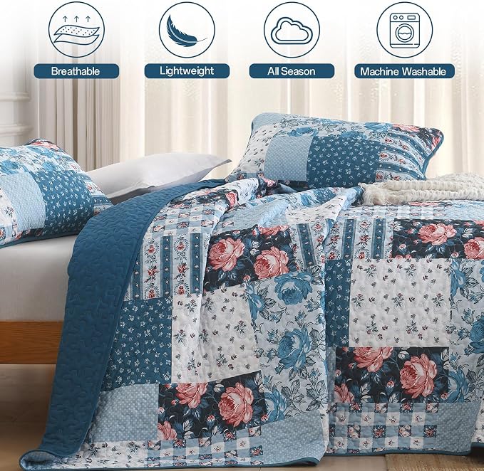 Anibedding Quilt Set Queen Size, 3 Pieces Blue Floral Patchwork Bedspread - Image 3