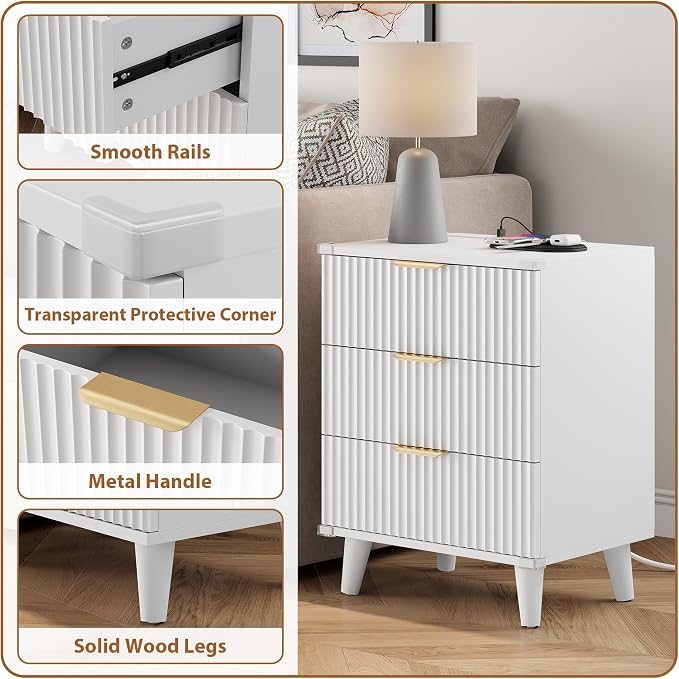 Wood Nightstands Set of 2 w/Charging Station, 3 Drawers Fluted Dresser | White - Image 7