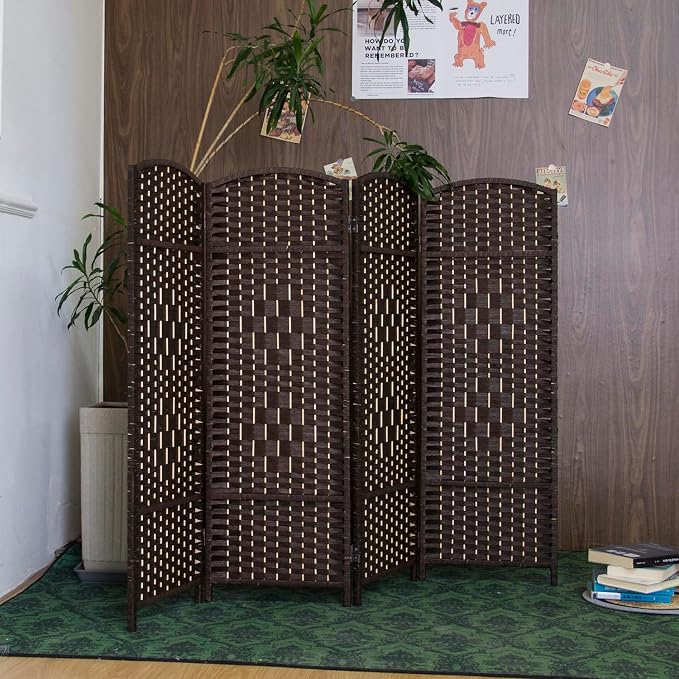 4 Panel Dark Brown Rattan Room Divider, 47.2" Low Height Double-Sided Folding - Image 5