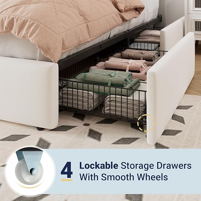 Allewie King Size Storage Bed Frame, Vertical Channel Tufted Adjustable Headboard, Velvet Upholstered Platform Bed with 4 Oversized Underbed Drawers, Wooden Slats Support, No Box Spring Needed, White