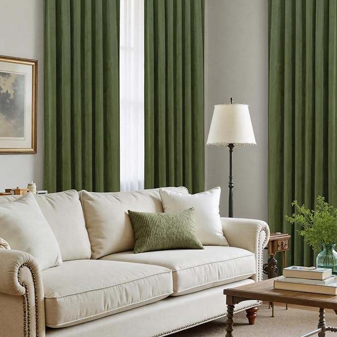 LAMIT Sage Green Velvet Curtains 90 Inches Long, Luxury Thermal Insulated Blackout Panels for Living Room Back Tab and Rod Pocket Room Darkening Drapes for Bedroom, 2 Panels, 52 x 90 Inch