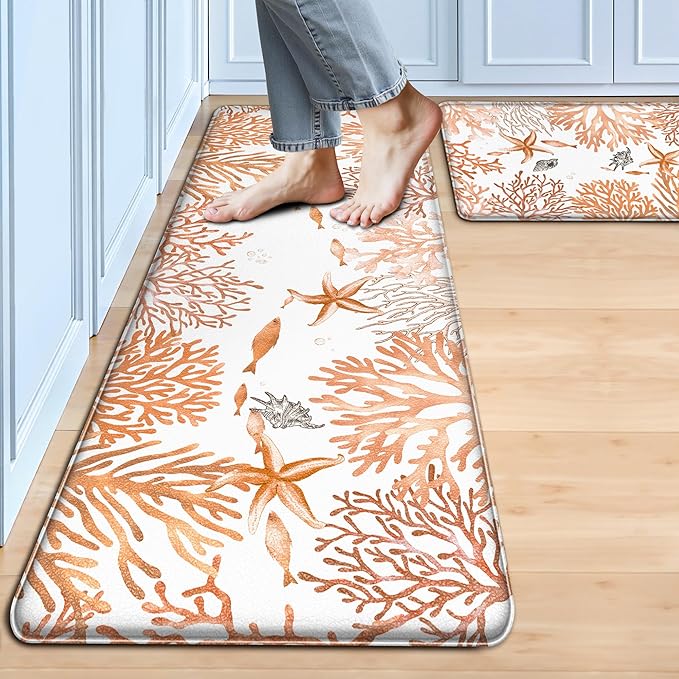 Kitchen Mats for Floor Cushioned Anti Fatigue Sets of 2 Coastal Kitchen Rugs Non Slip Waterproof Nautical Foam Kitchen Floor Rug Beach Theme Coral Fish Comfort Standing Mat for Sink Laundry, Coral