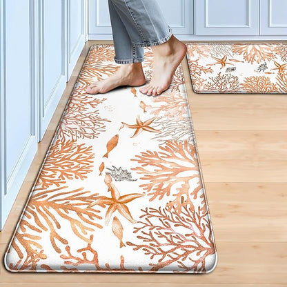 Kitchen Mats for Floor Cushioned Anti Fatigue Sets of 2 Coastal Kitchen Rugs Non Slip Waterproof Nautical Foam Kitchen Floor Rug Beach Theme Coral Fish Comfort Standing Mat for Sink Laundry, Coral