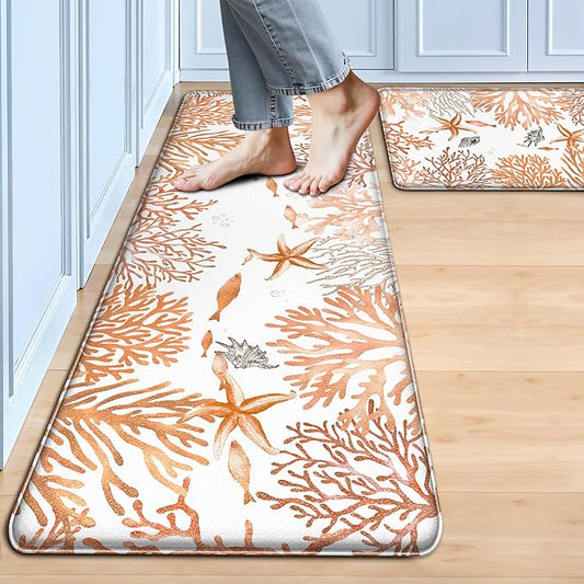 Kitchen Mats for Floor Cushioned Anti Fatigue Sets of 2 Coastal Kitchen Rugs Non Slip Waterproof Nautical Foam Kitchen Floor Rug Beach Theme Coral Fish Comfort Standing Mat for Sink Laundry, Coral