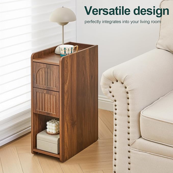Narrow Nightstand Set of 2, Wooden Small 2 Drawer Nightstand, Slim Side End - Image 4