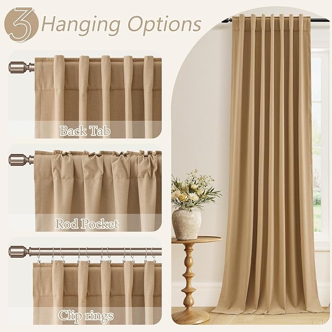 Camel Brown 100% Blackout Linen Curtains 90 Inch Length 2 Panels Set - Image 6