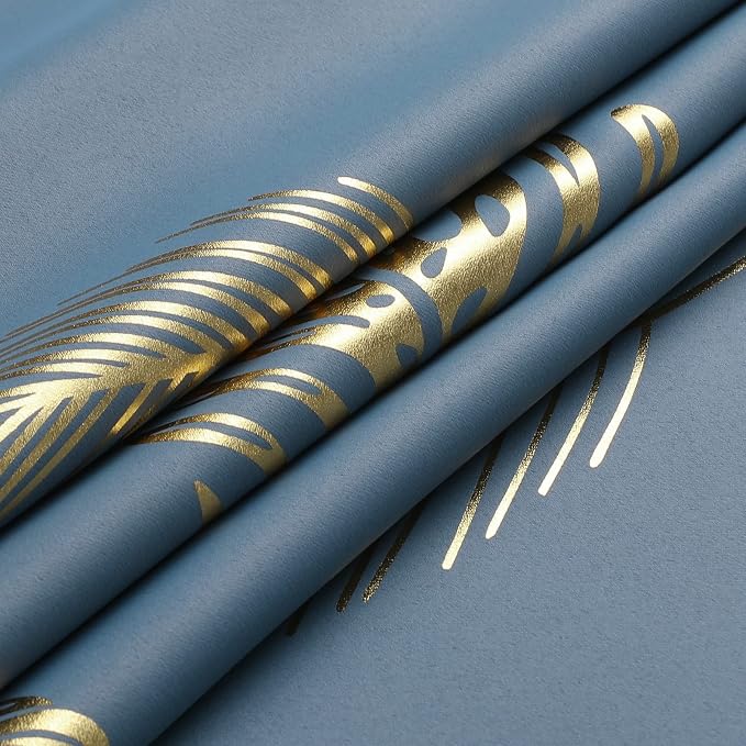 Stone Blue Blackout Curtains for Bedroom, Room Darkening Gold Palm Tree Pattern - Image 8