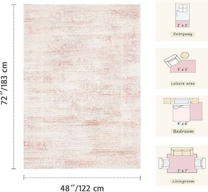 Latte&Fog Pink 4x6 Area Rug for Entryway, Vintage Washable Cute Small Rugs | - Image 2