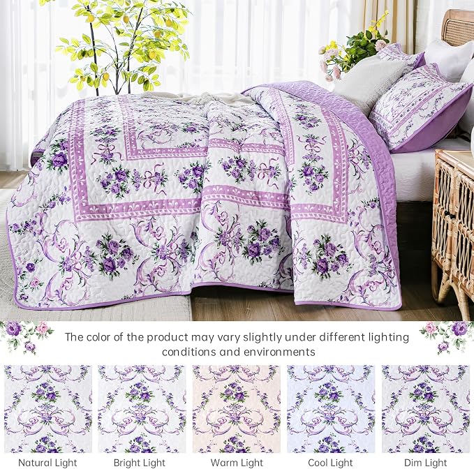 Anibedding Purple Queen Quilt Set, 3 Pieces Floral Pattern Quilts Bedspread | - Image 3