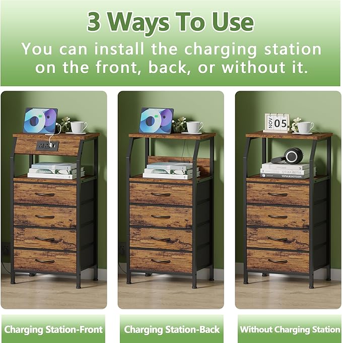 Night Stand with Charging Station, 4 Drawers Tall Bedside Table | Small Rustic - Image 6
