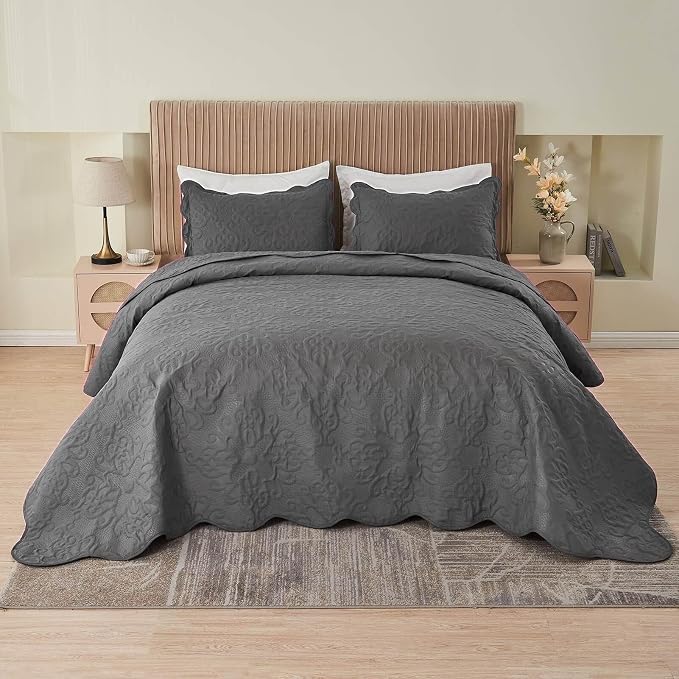 Kingnex 106x96 King Size Lightweight Bedspread Coverlet Set Dark Grey | 3 Pcs - Image 2
