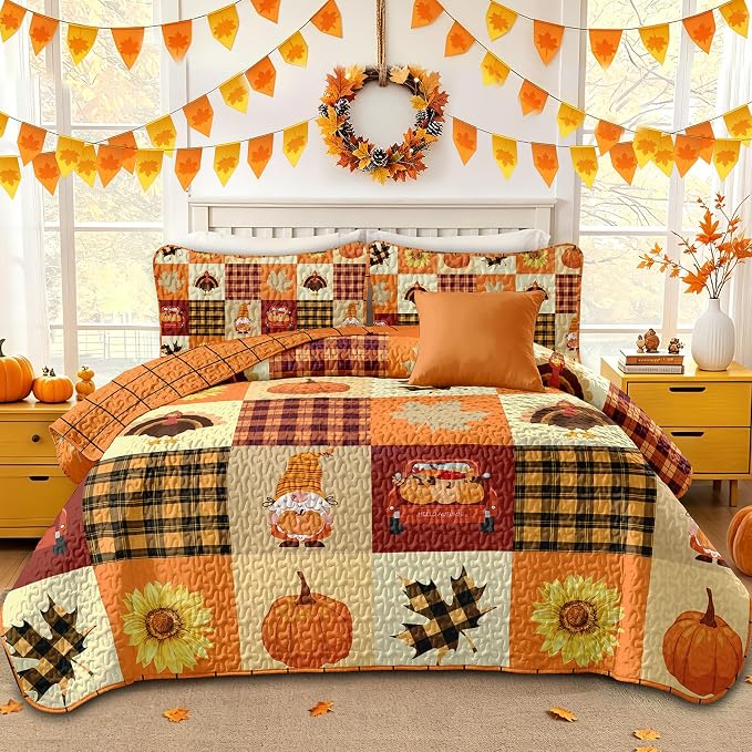 Fall Patchwork Quilt Set Queen Size 3 Piece Thanksgiving Bedding Set Orange | by Anibedding