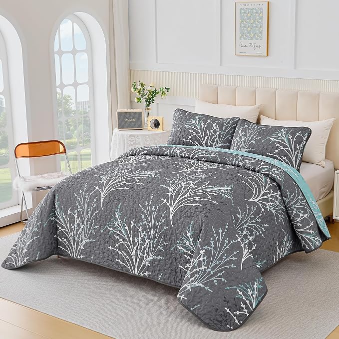 DJY Full Size Quilt Set Grey Blue Reversible Bedspread Bedding Set | 3 Piece - Image 2