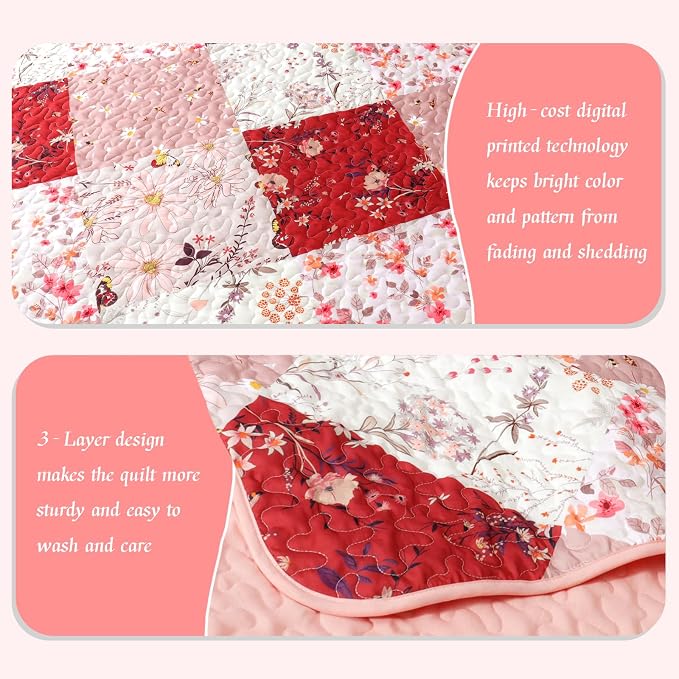 Whale Flotilla Patchwork Quilts Queen Size, Extra Soft Floral Bedspreads | Red - Image 5