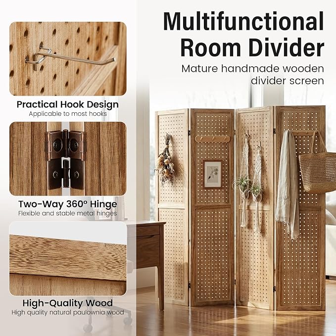 4 Panel Pegboard Room Divider, Folding Privacy Screen, Natural | 5.6 Ft Tall - Image 4
