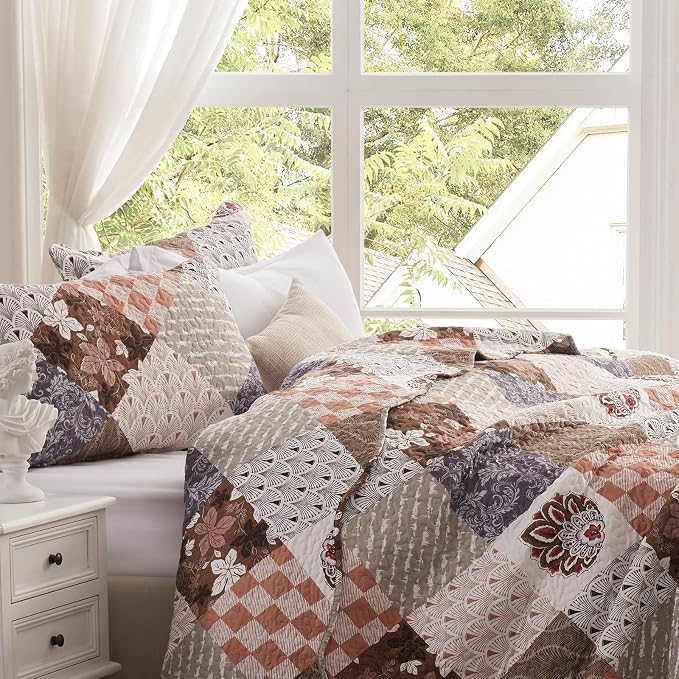 2 Pieces Twin Size Quilt Set Lightweight Brown Floral Bedspread 68x86 Inch Soft - Image 4