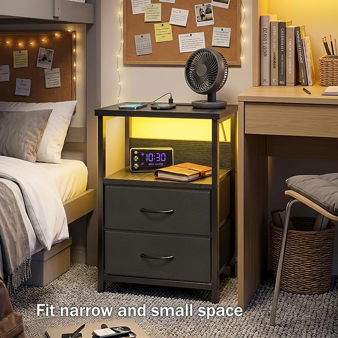 Fixwal Night Stand with Charging Station, 2 Drawers | fabric drawer, built-in - Image 2