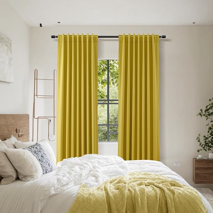 Celery Yellow 100% Blackout Linen Curtains 102 Inch Length 2 Panels Set - Image 9