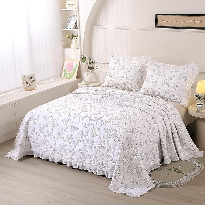 ROOMLIFE Quilt Set Full Size 3D Floral Embroidery Pattern 3-Piece Cotton - Image 3