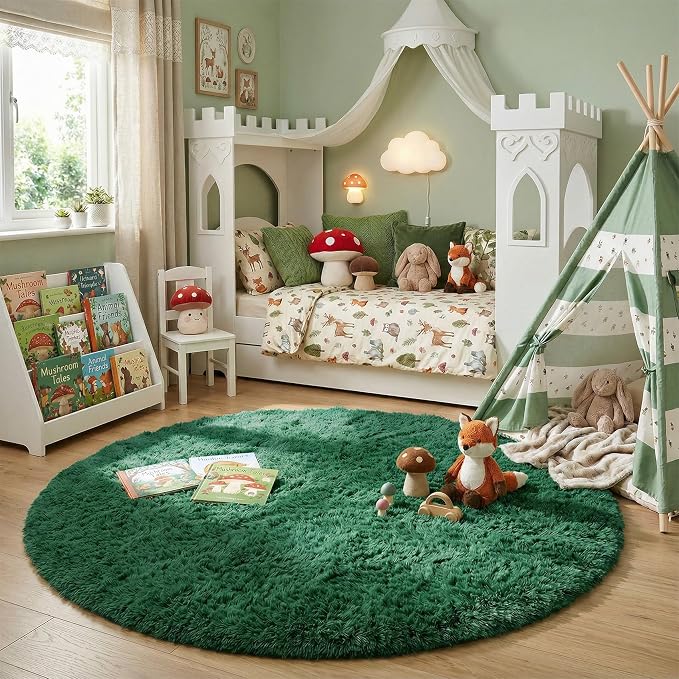 Amdrebio Dark Green Furry Round Circle Area Rug 5Ft - Image 3