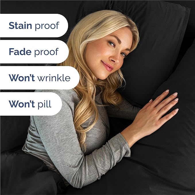 Full 6 Piece Sheet Set - Cooling, Comfy & Breathable - Hotel Luxury Bedding, Includes Fitted Sheet for Women, Men, Kids and Teens - 1 Flat, 1 Fitted Sheet, 4 Pillowcases with Deep Pockets - Black
