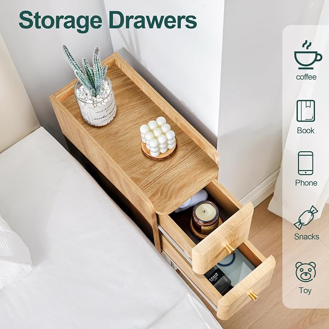 Narrow Nightstand Set of 2, Wooden Small 2 Drawer Nightstand, Slim Side End - Image 7