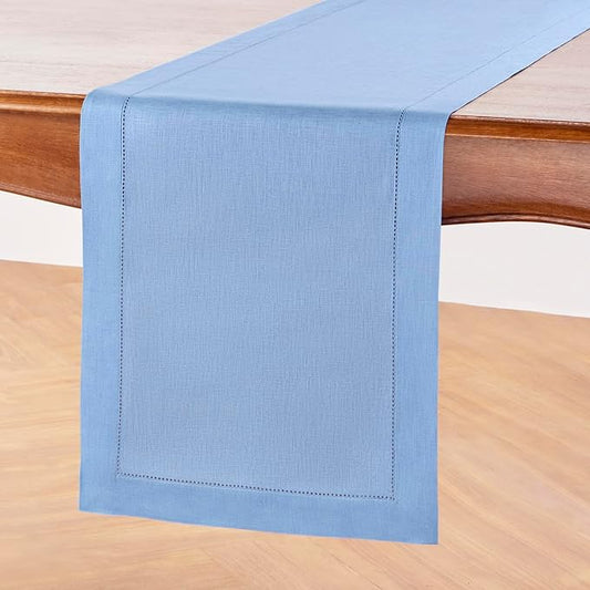 Solino Home Linen Cornflower Blue Table Runner 72 Inches Long - 100% Pure Linen Hemstitch Table Runner 14 x 72 Inch for Dresser, Dining, Christmas, Holiday, New Year - Classic Hemstitch