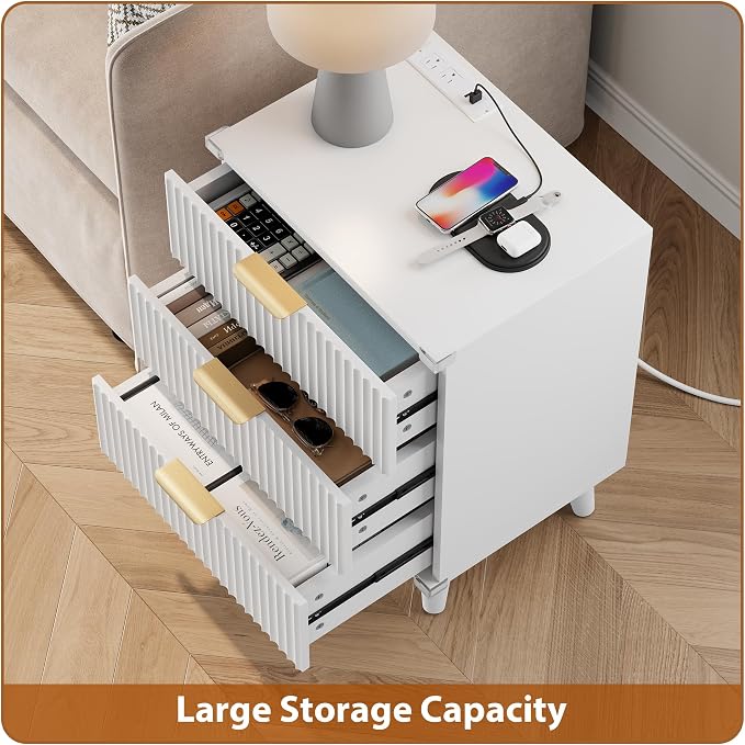 Wood Bedside Table w/Charging Station, 3 Drawers Fluted Dresser | White - Image 5