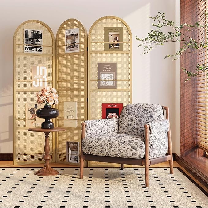 Rattan Room Divider with Built-in Bookshelf | Foldable Privacy Screen & - Image 5