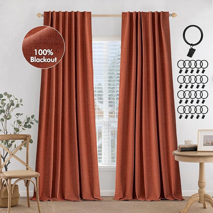 MIULEE 100% Blackout Fall Linen Curtains & Drapes W52 x L84 Inch Terracotta | 2 by MIULEE
