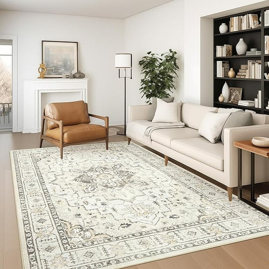 zesthome Washable Rug 6x9 Area Rugs,Stain Resistant Rugs for Living Room,Bedroom,Non-Slip Backing Home Decor Rug, Vintage Medallion Pattern Rugs (Beige,6'x9')