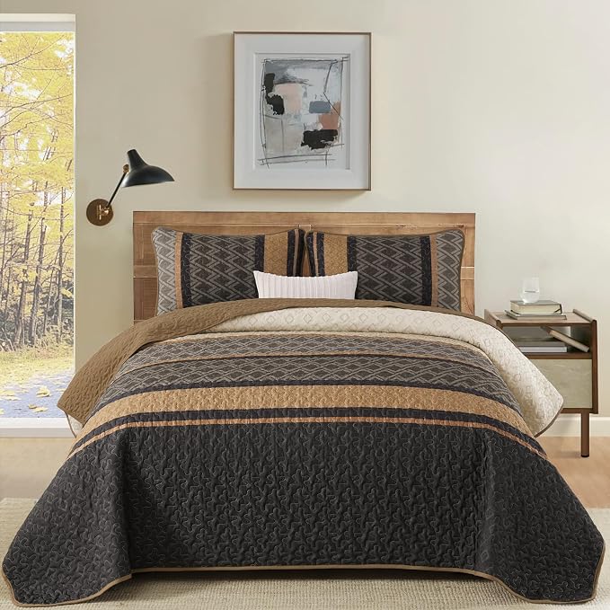 Dinjoy Striped Quilt Set Full Size, Boho Bedspreads Queen Size, 3 Pieces - Image 2