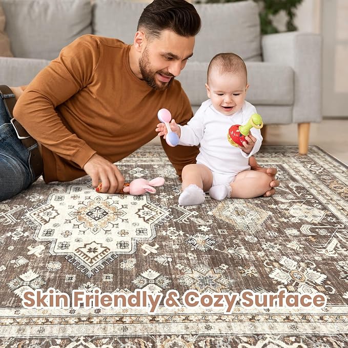 cotiled 7x9 Area Rug for Living Room, Traditional, Dark Brown | Soft Distressed - Image 4
