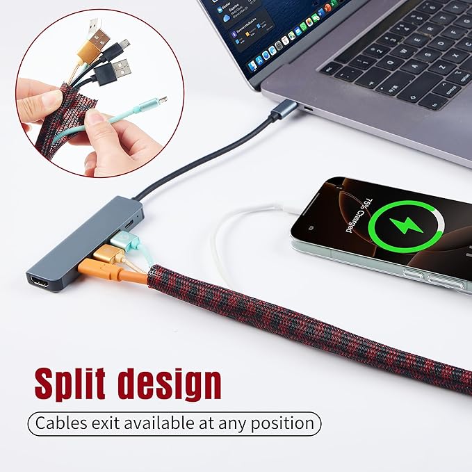 QCSIW Split Cable Sleeve, 1/4 inch 100ft Black Red Braided Wire Loom for Home Cable Management, Pet Chew Protection and DIY Cord Organizer for Desk and Home Theater